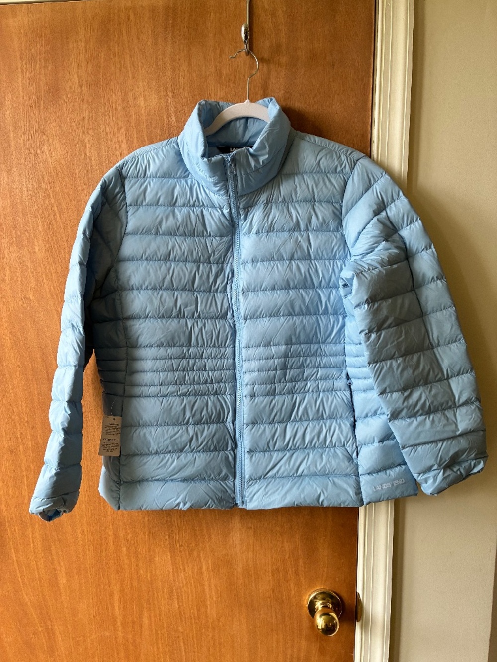 Baby blue Lands End wanderweight packable down jacket, L/P (14-16)